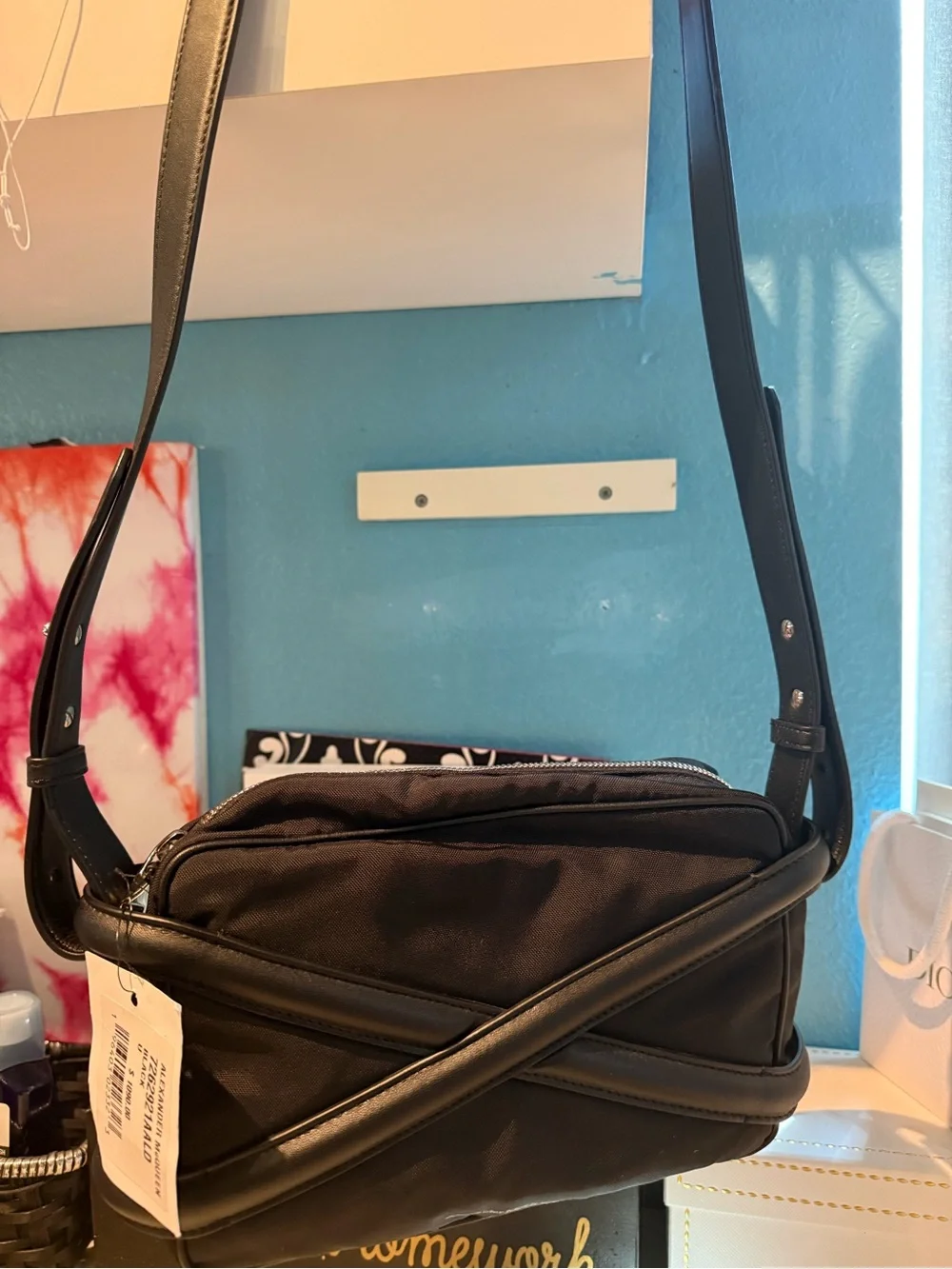 Alexander McQueen Black Nylon Crossbody with Crossed Leather Trim
